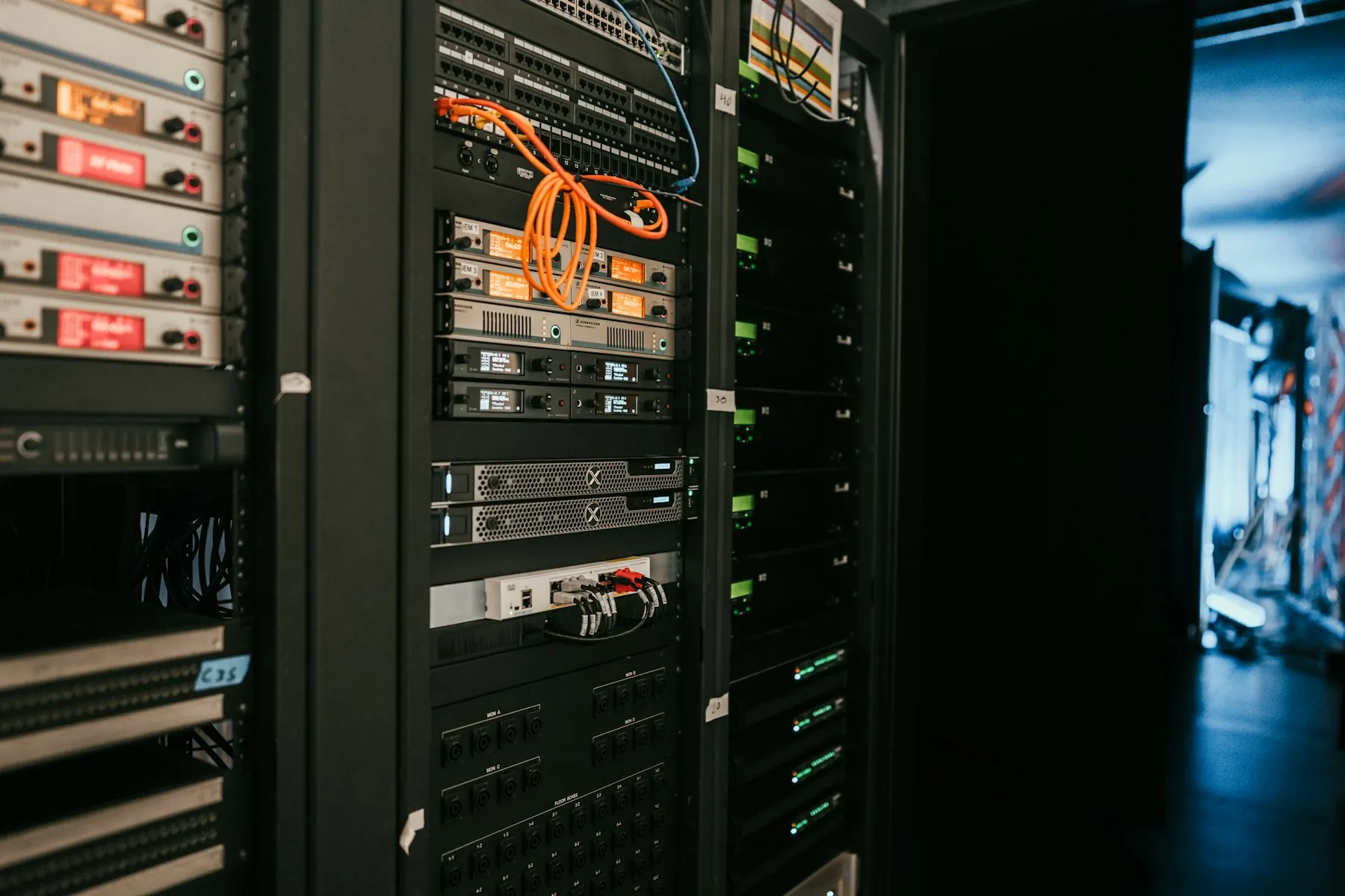 A rack of servers in a server room, the kind that runs server-side tagging