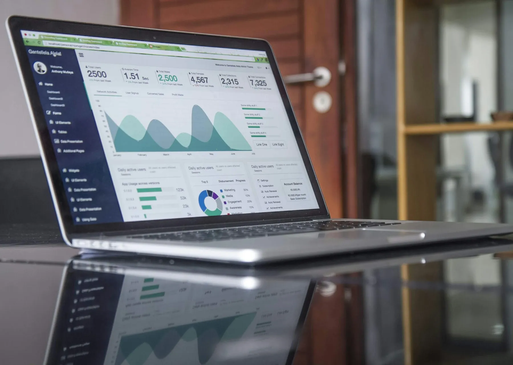Analytics dashboards on a laptop showing GA4 attribution reports on a glass table